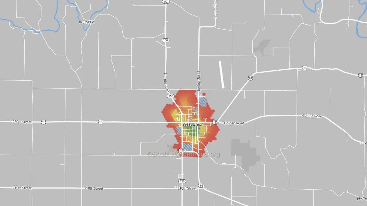 Walk Grade map of 52175, IA, walkable areas in green and car-dependent areas in red
