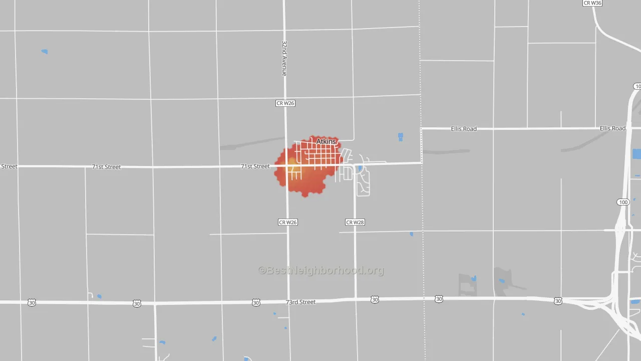 Walk Grade map of 52206, IA, walkable areas in green and car-dependent areas in red