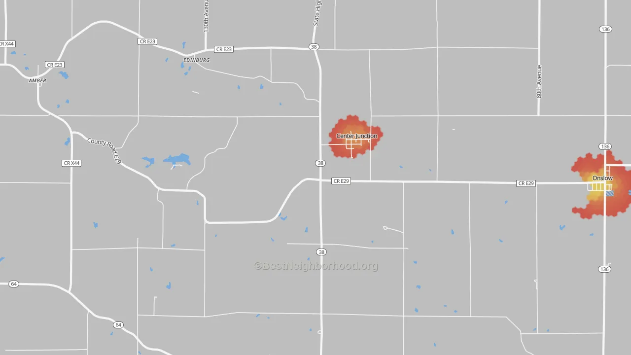 Walk Grade map of 52212, IA, walkable areas in green and car-dependent areas in red
