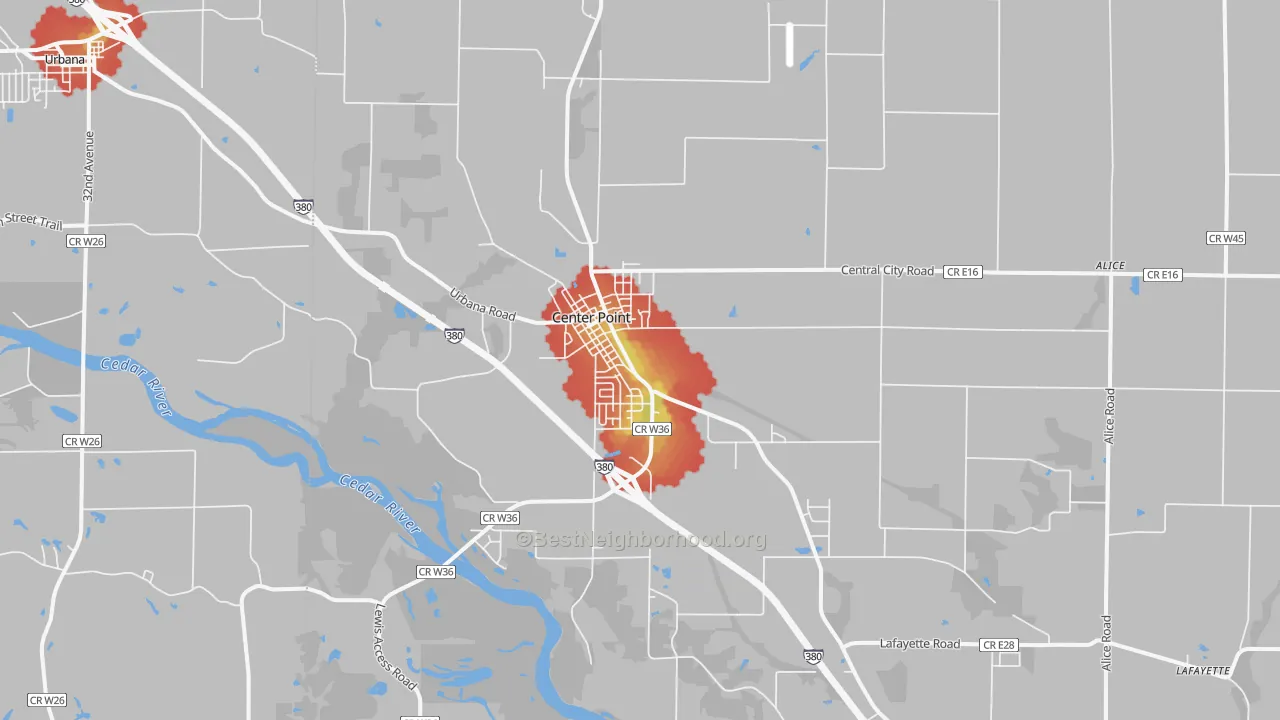 Walk Grade map of 52213, IA, walkable areas in green and car-dependent areas in red