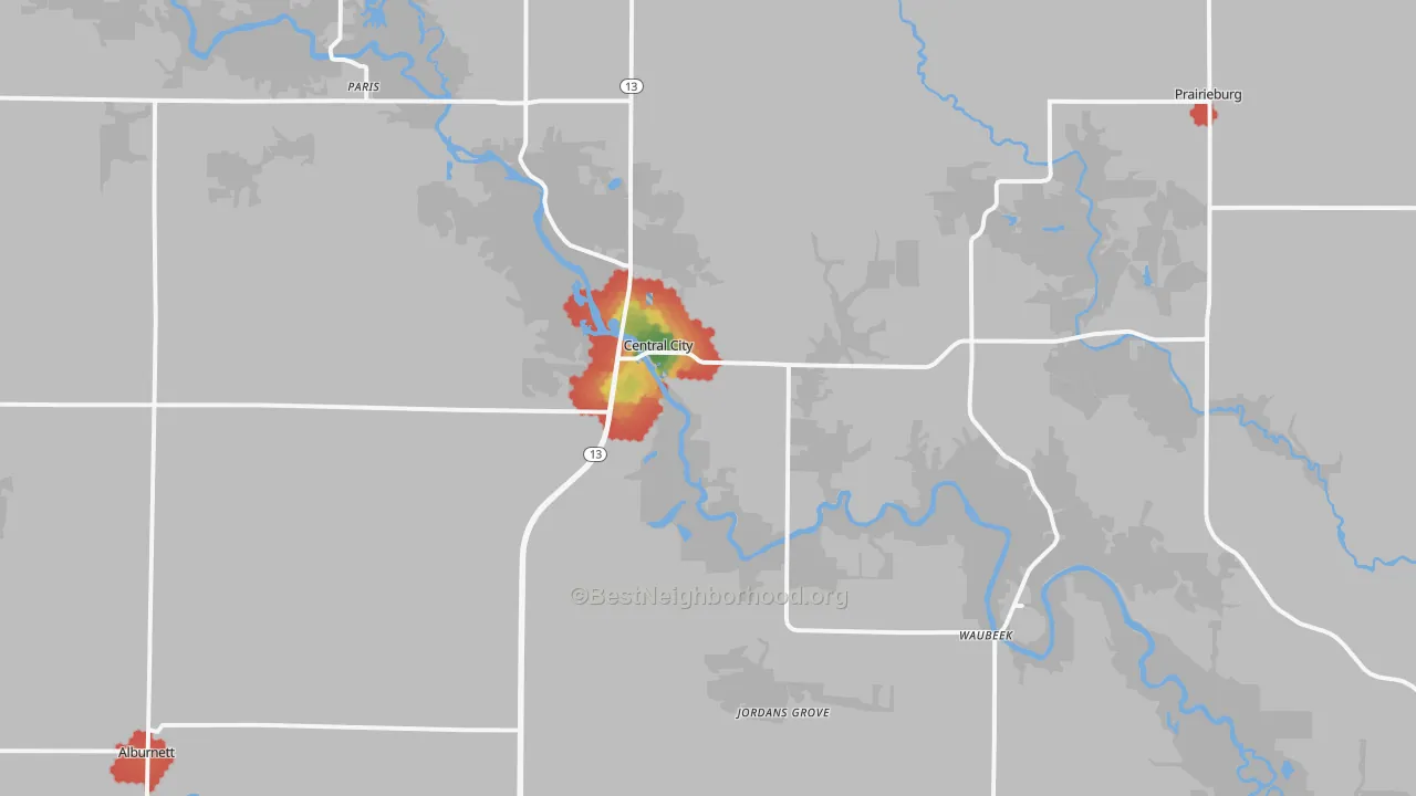 Walk Grade map of 52214, IA, walkable areas in green and car-dependent areas in red