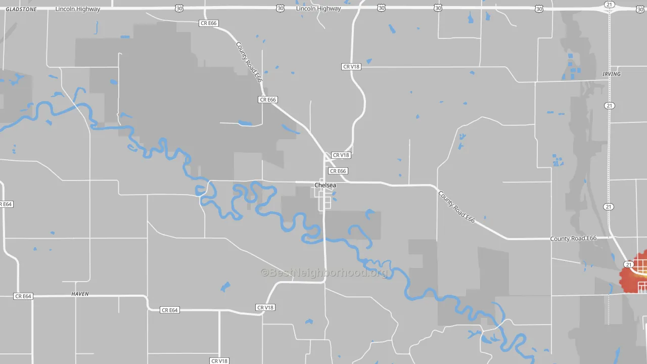 Walk Grade map of 52215, IA, walkable areas in green and car-dependent areas in red