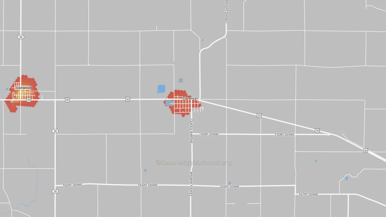 Walk Grade map of 52216, IA, walkable areas in green and car-dependent areas in red