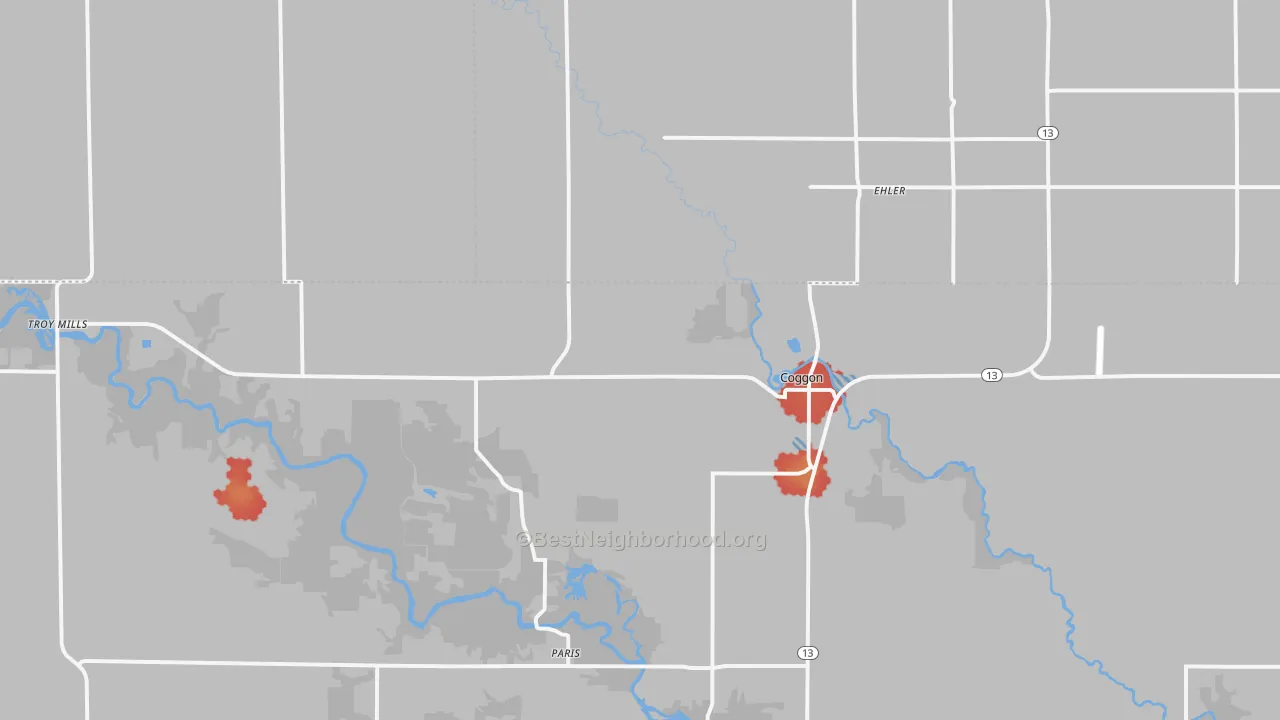 Walk Grade map of 52218, IA, walkable areas in green and car-dependent areas in red