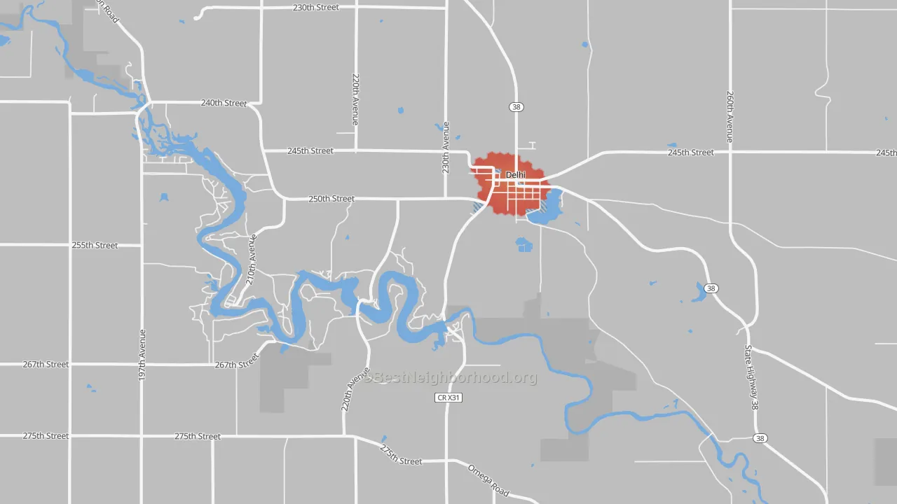 Walk Grade map of 52223, IA, walkable areas in green and car-dependent areas in red