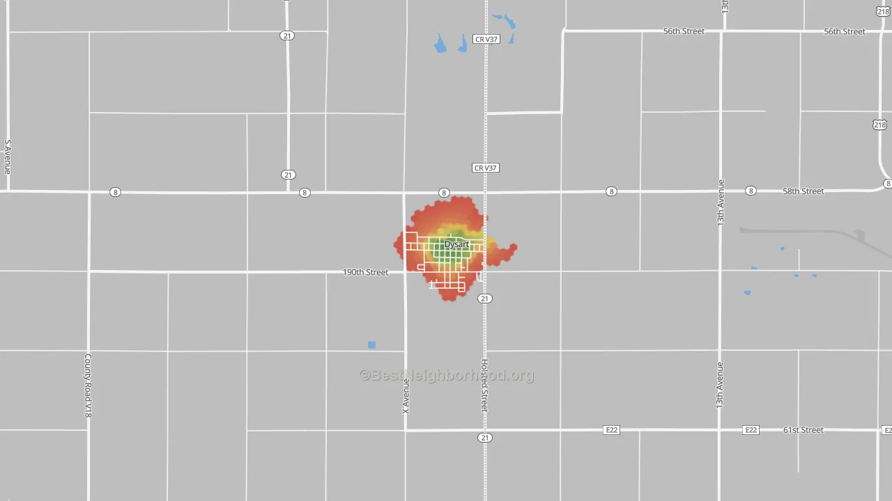 Walk Grade map of 52224, IA, walkable areas in green and car-dependent areas in red