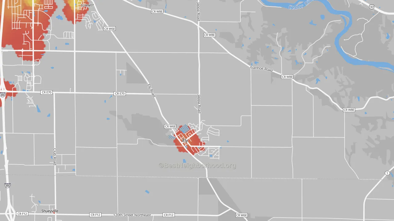 Walk Grade map of 52227, IA, walkable areas in green and car-dependent areas in red