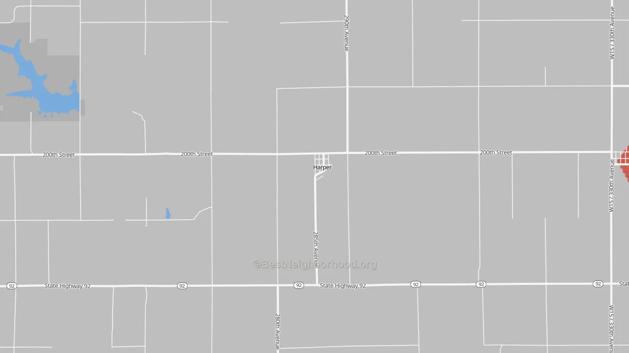 Walk Grade map of 52231, IA, walkable areas in green and car-dependent areas in red