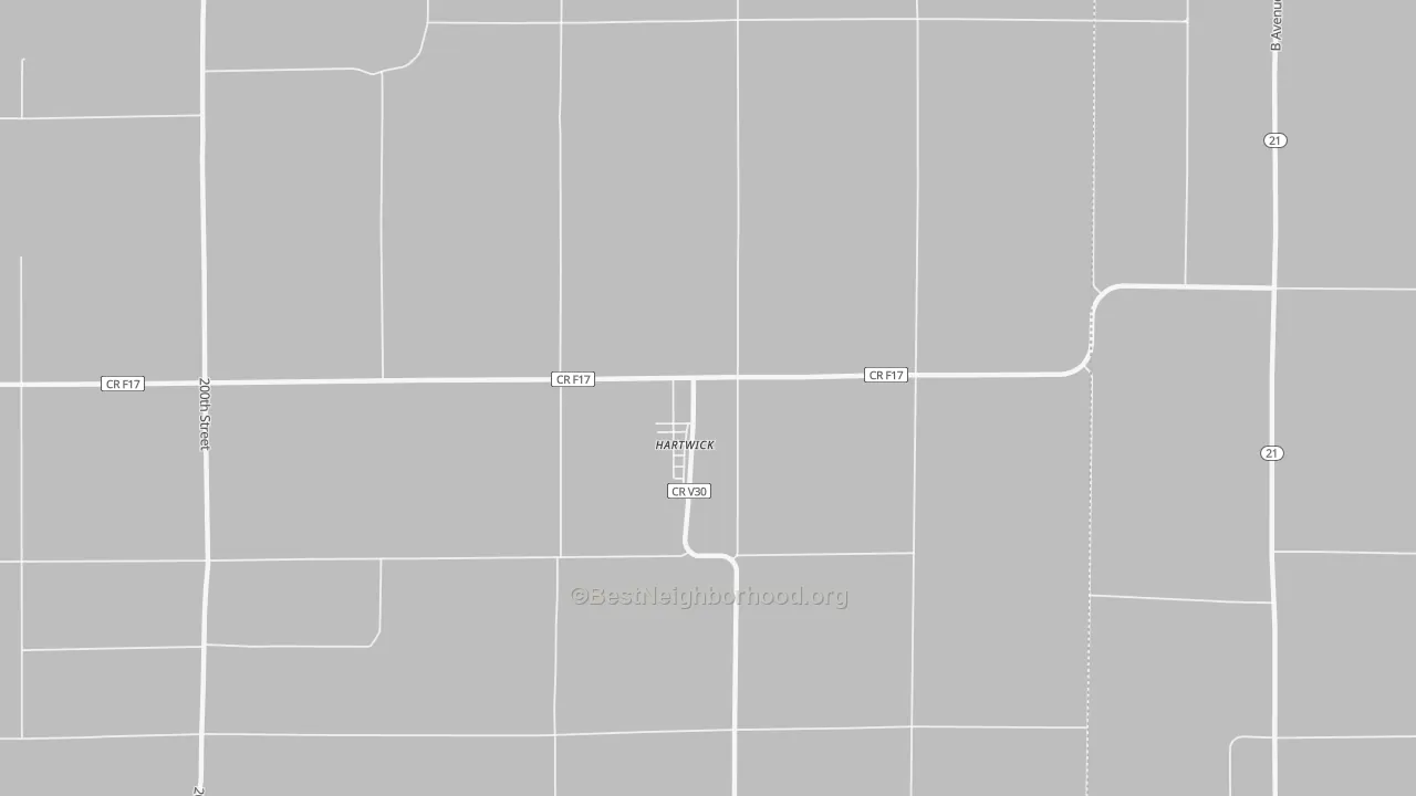 Walk Grade map of 52232, IA, walkable areas in green and car-dependent areas in red