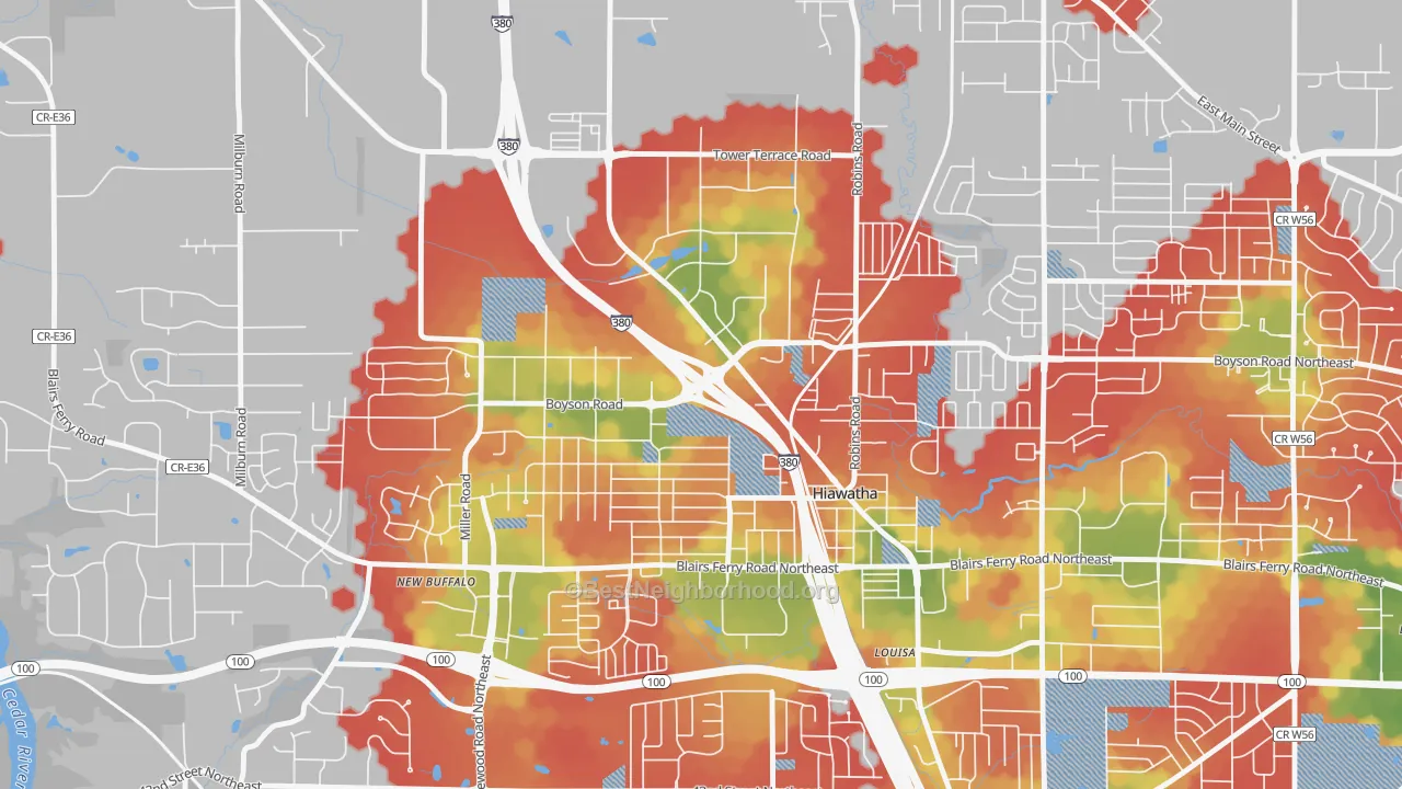 Walk Grade map of 52233, IA, walkable areas in green and car-dependent areas in red