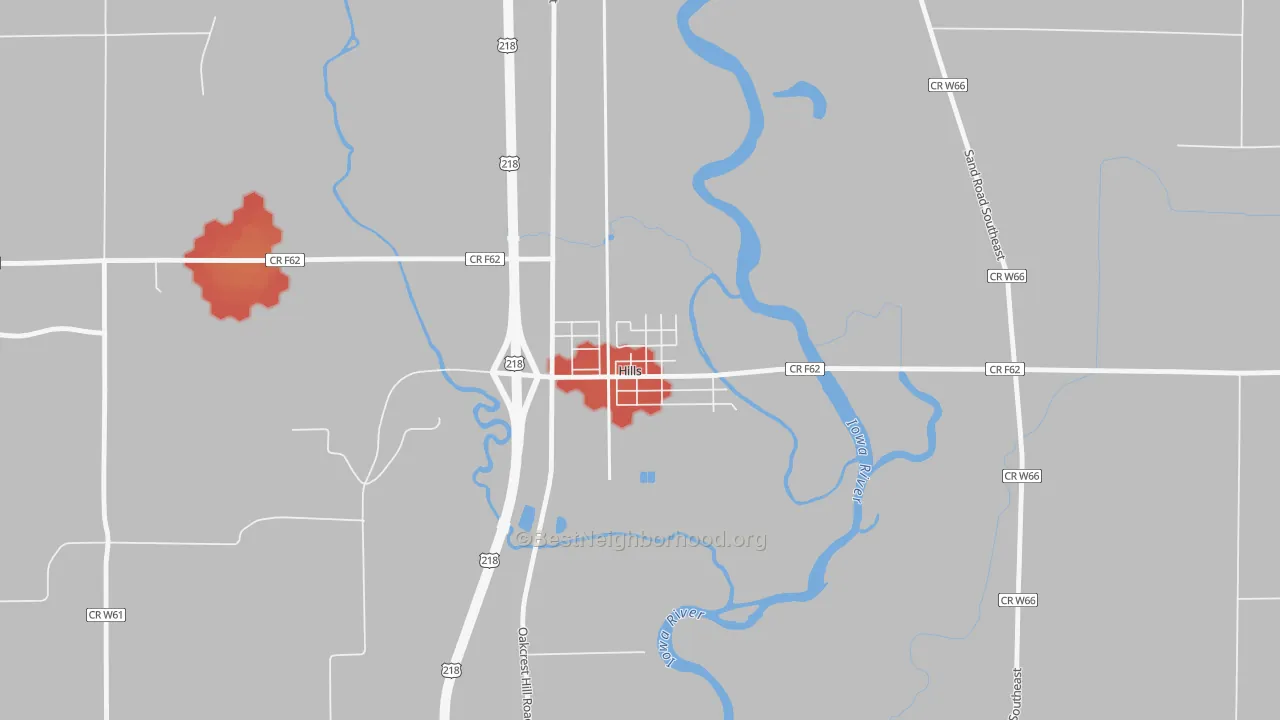 Walk Grade map of 52235, IA, walkable areas in green and car-dependent areas in red