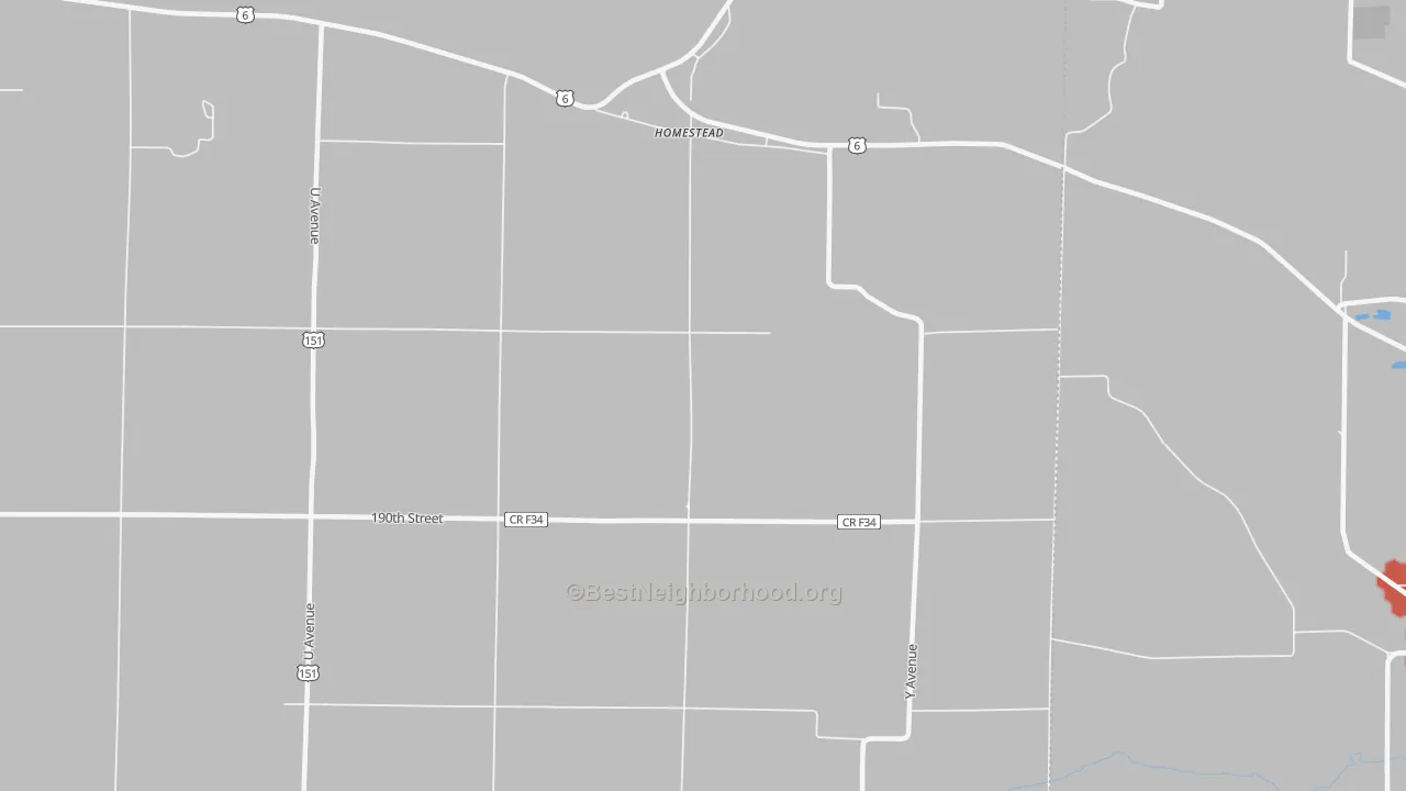 Walk Grade map of 52236, IA, walkable areas in green and car-dependent areas in red
