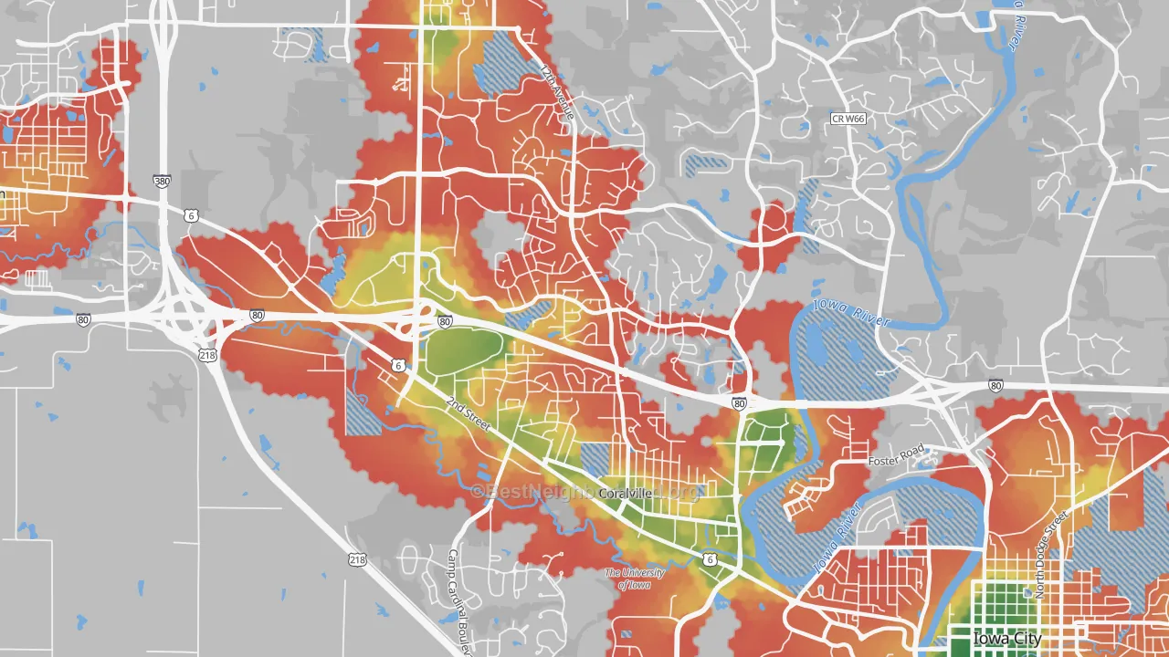 Walk Grade map of 52241, IA, walkable areas in green and car-dependent areas in red