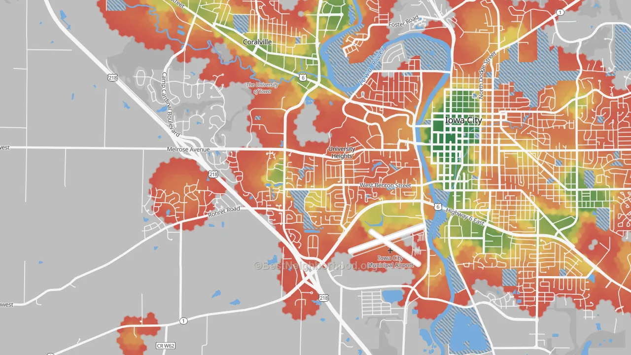 Walk Grade map of 52246, IA, walkable areas in green and car-dependent areas in red