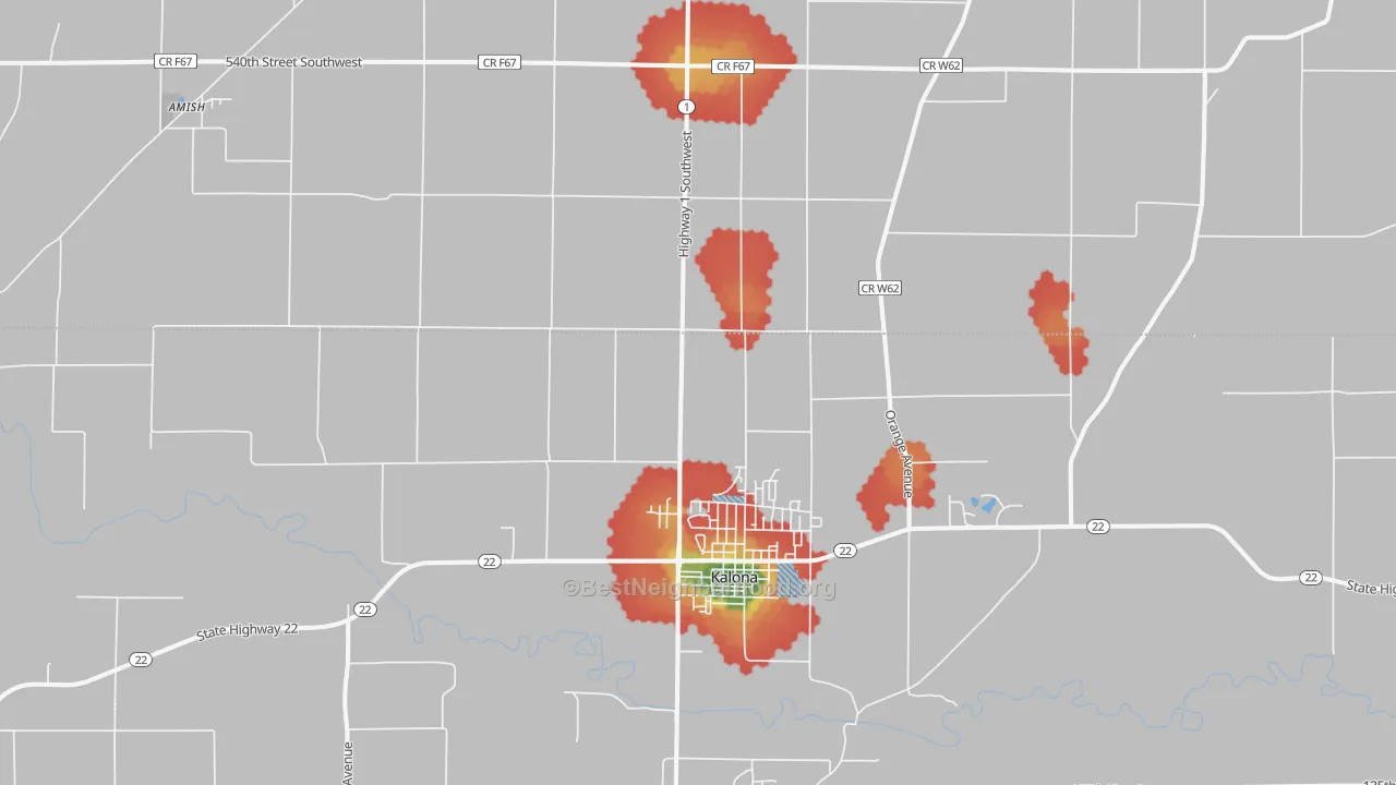 Walk Grade map of 52247, IA, walkable areas in green and car-dependent areas in red