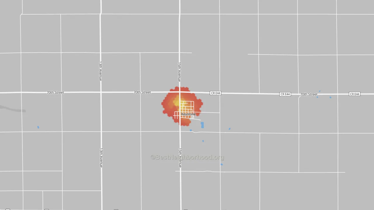 Walk Grade map of 52249, IA, walkable areas in green and car-dependent areas in red