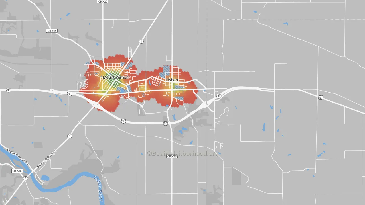 Walk Grade map of 52253, IA, walkable areas in green and car-dependent areas in red