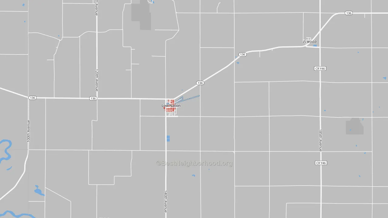 Walk Grade map of 52254, IA, walkable areas in green and car-dependent areas in red