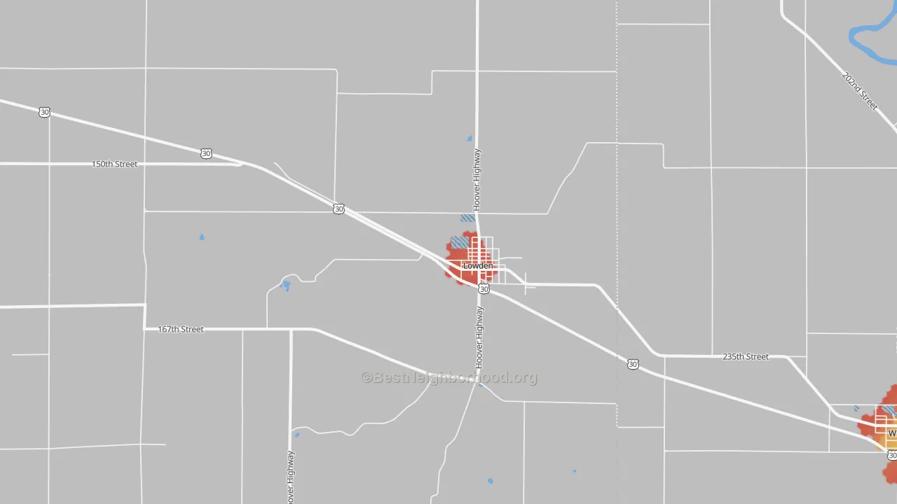 Walk Grade map of 52255, IA, walkable areas in green and car-dependent areas in red
