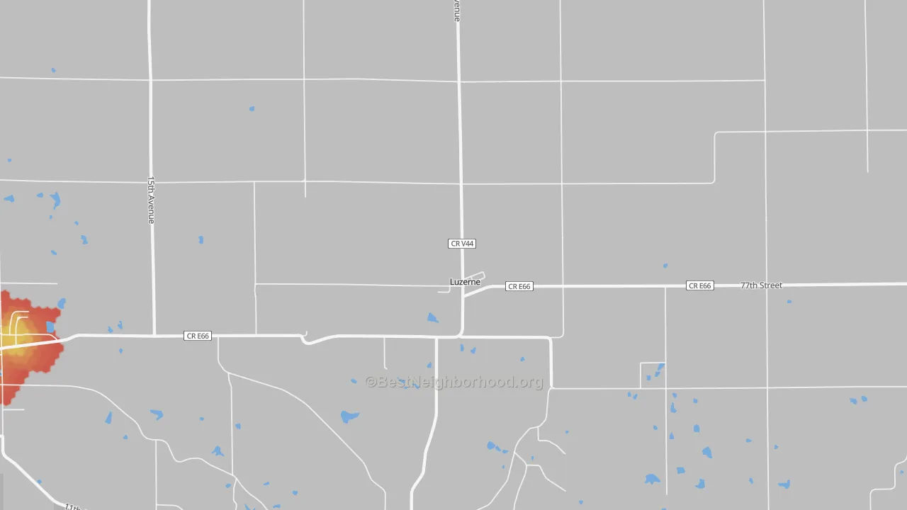 Walk Grade map of 52257, IA, walkable areas in green and car-dependent areas in red