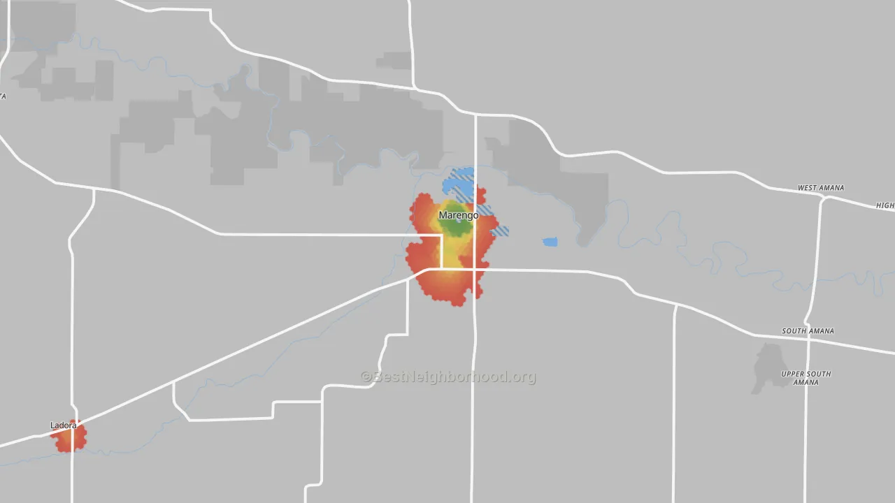 Walk Grade map of 52301, IA, walkable areas in green and car-dependent areas in red