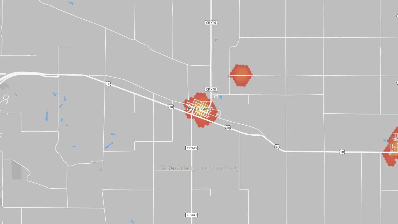 Walk Grade map of 52306, IA, walkable areas in green and car-dependent areas in red