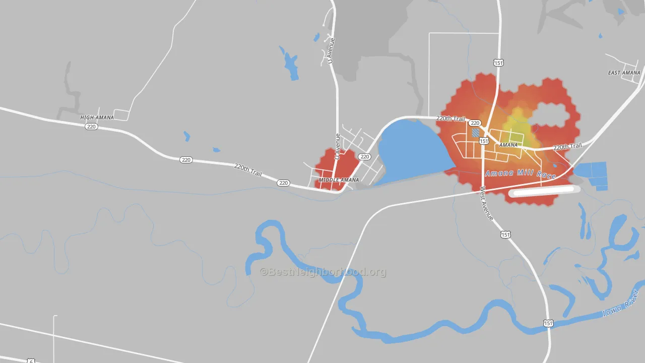 Walk Grade map of 52307, IA, walkable areas in green and car-dependent areas in red