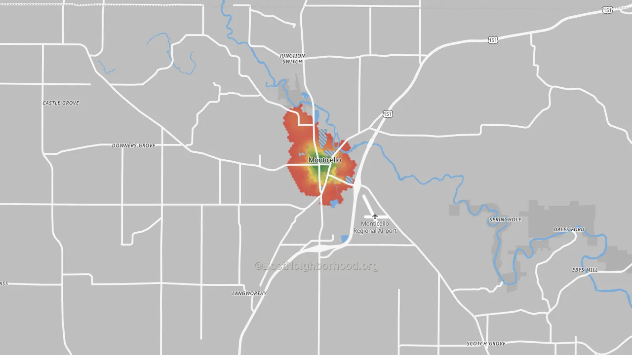 Walk Grade map of 52310, IA, walkable areas in green and car-dependent areas in red