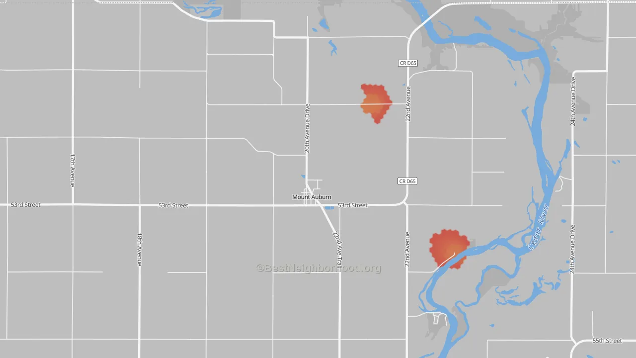 Walk Grade map of 52313, IA, walkable areas in green and car-dependent areas in red