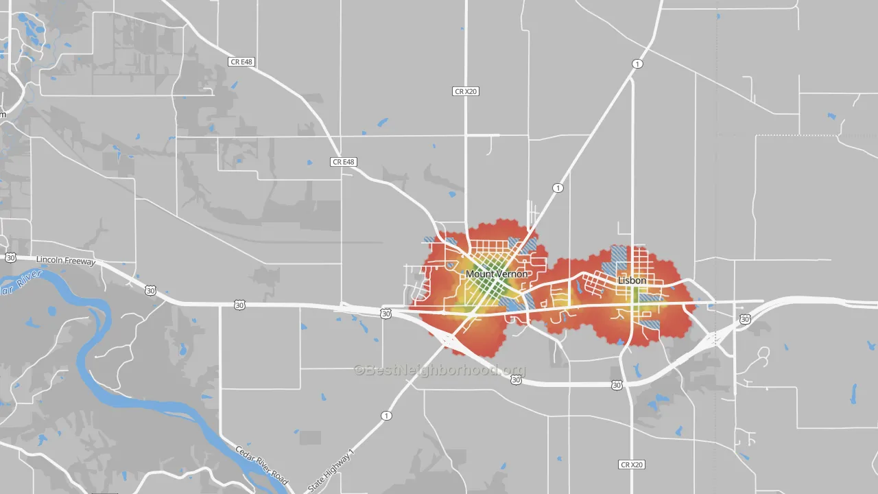 Walk Grade map of 52314, IA, walkable areas in green and car-dependent areas in red