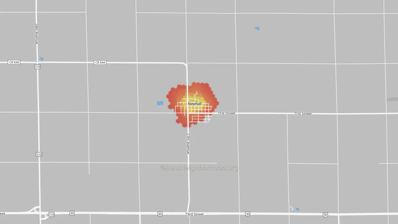 Walk Grade map of 52315, IA, walkable areas in green and car-dependent areas in red