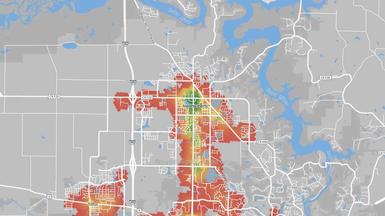 Walk Grade map of 52317, IA, walkable areas in green and car-dependent areas in red