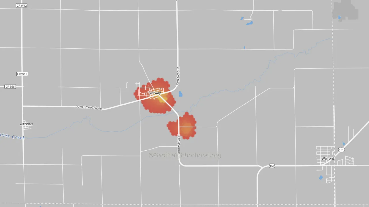 Walk Grade map of 52318, IA, walkable areas in green and car-dependent areas in red