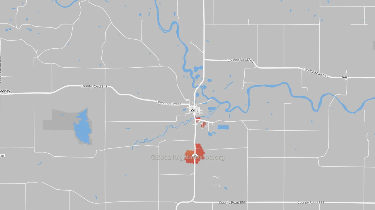 Walk Grade map of 52320, IA, walkable areas in green and car-dependent areas in red