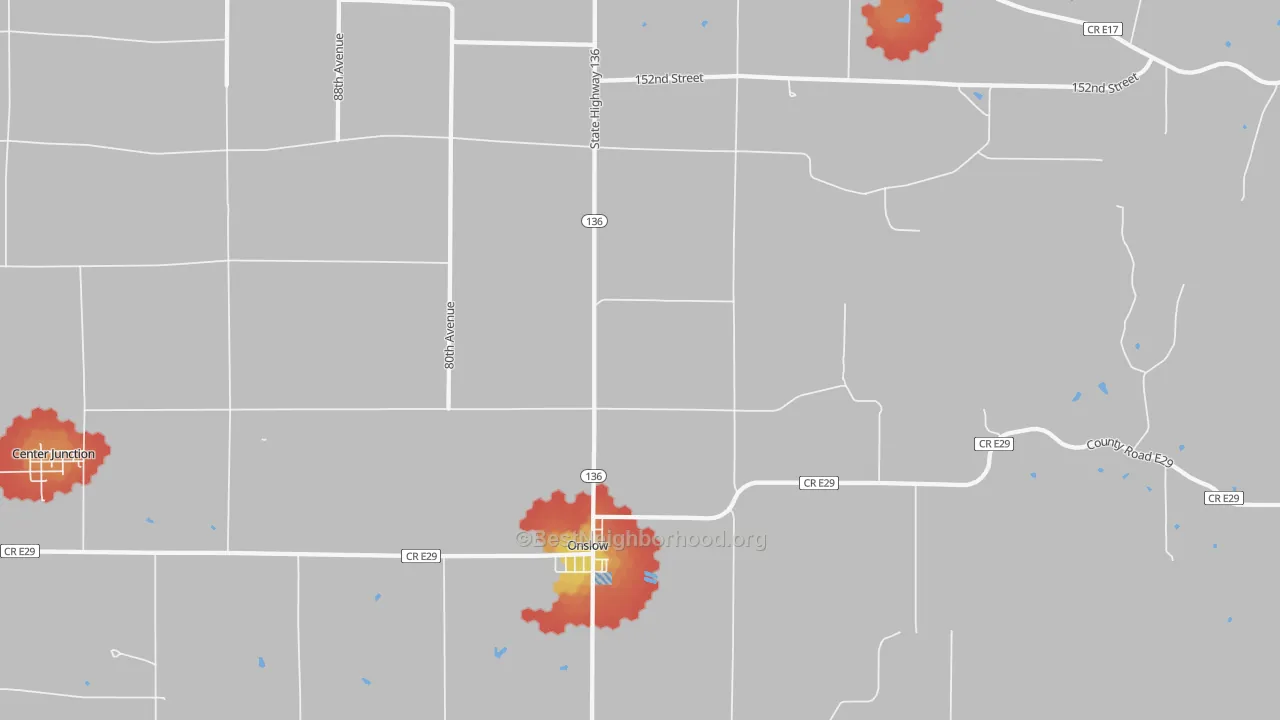 Walk Grade map of 52321, IA, walkable areas in green and car-dependent areas in red