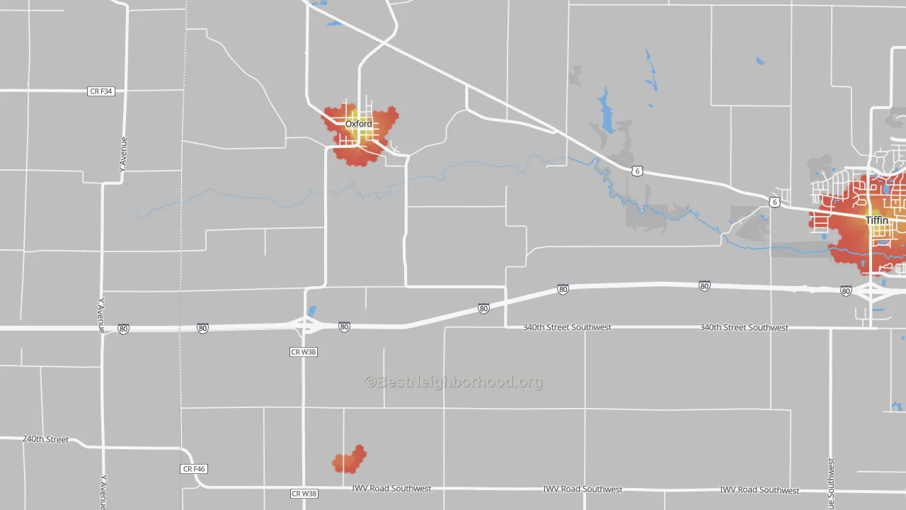 Walk Grade map of 52322, IA, walkable areas in green and car-dependent areas in red