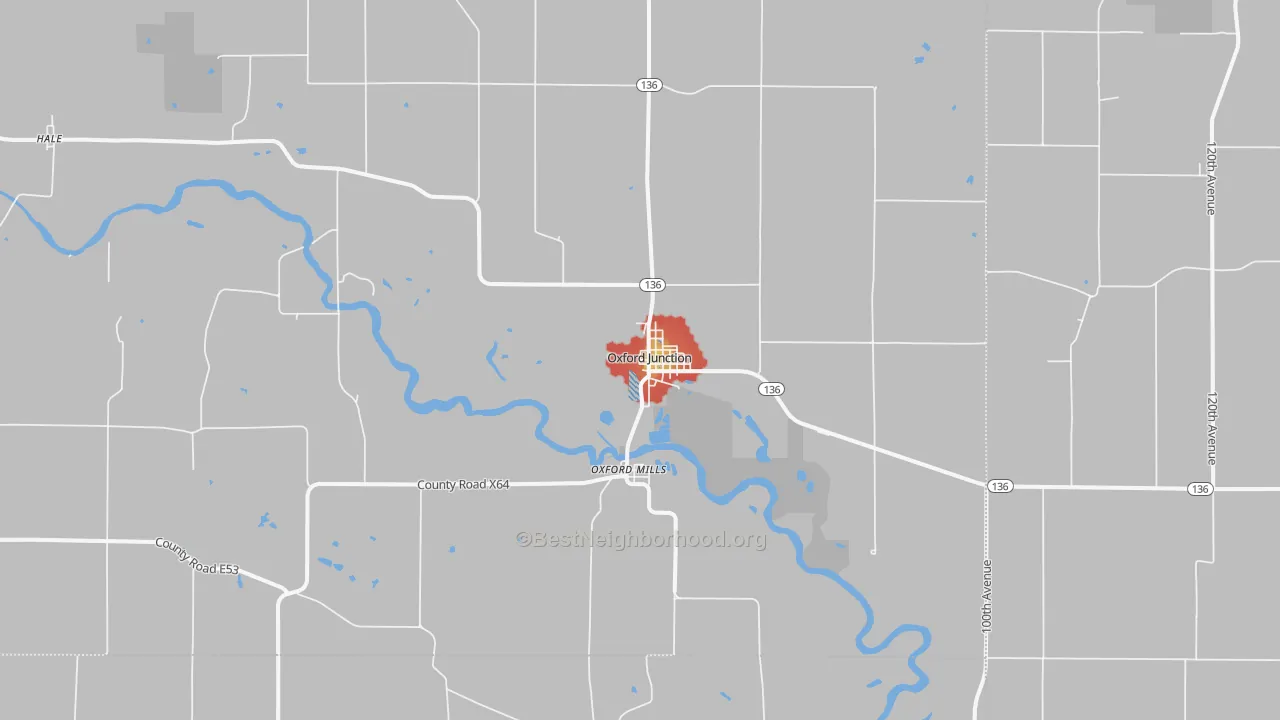 Walk Grade map of 52323, IA, walkable areas in green and car-dependent areas in red