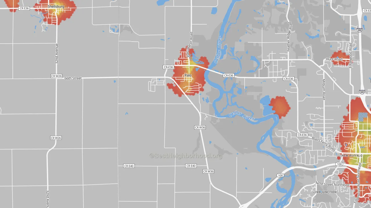 Walk Grade map of 52324, IA, walkable areas in green and car-dependent areas in red