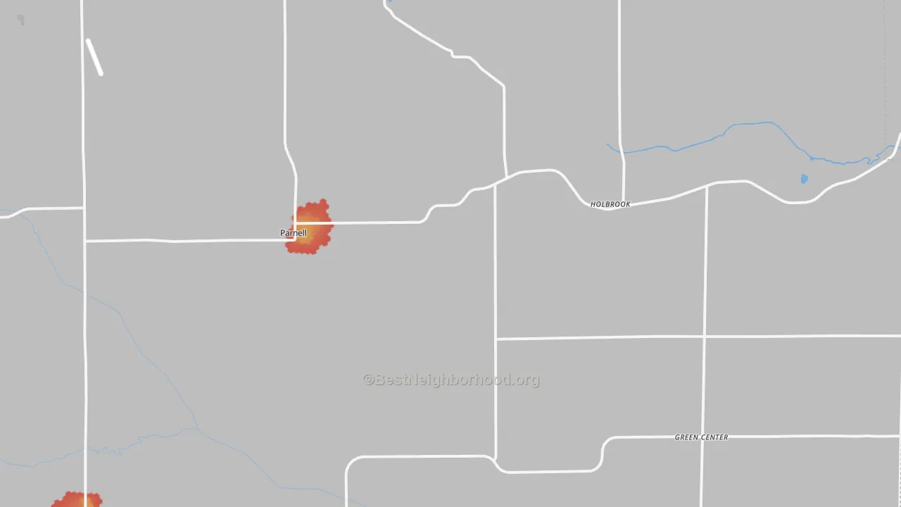 Walk Grade map of 52325, IA, walkable areas in green and car-dependent areas in red