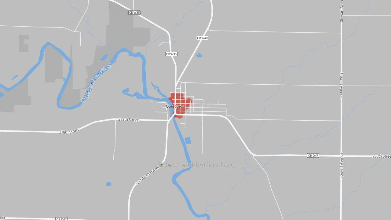 Walk Grade map of 52326, IA, walkable areas in green and car-dependent areas in red