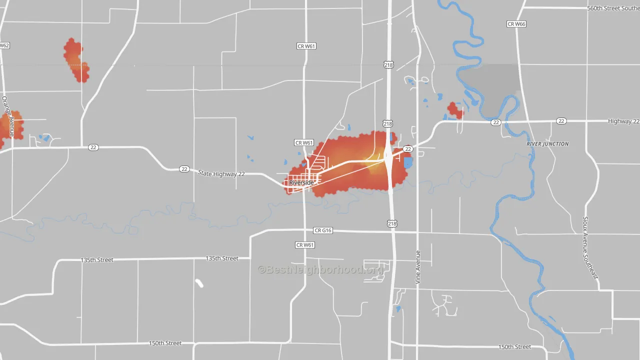 Walk Grade map of 52327, IA, walkable areas in green and car-dependent areas in red