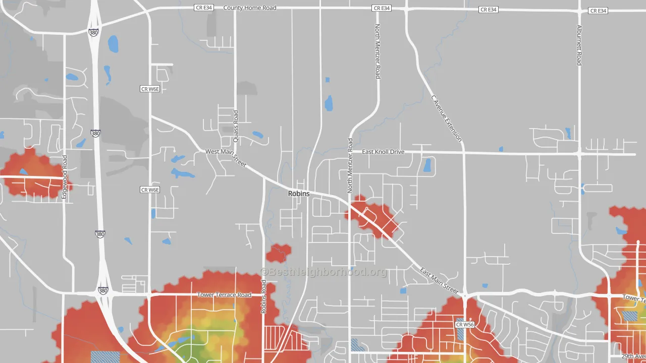 Walk Grade map of 52328, IA, walkable areas in green and car-dependent areas in red