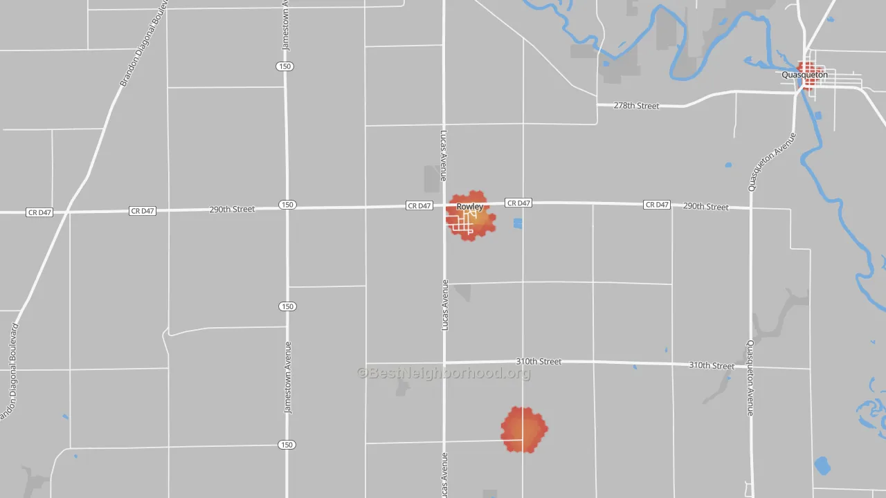 Walk Grade map of 52329, IA, walkable areas in green and car-dependent areas in red