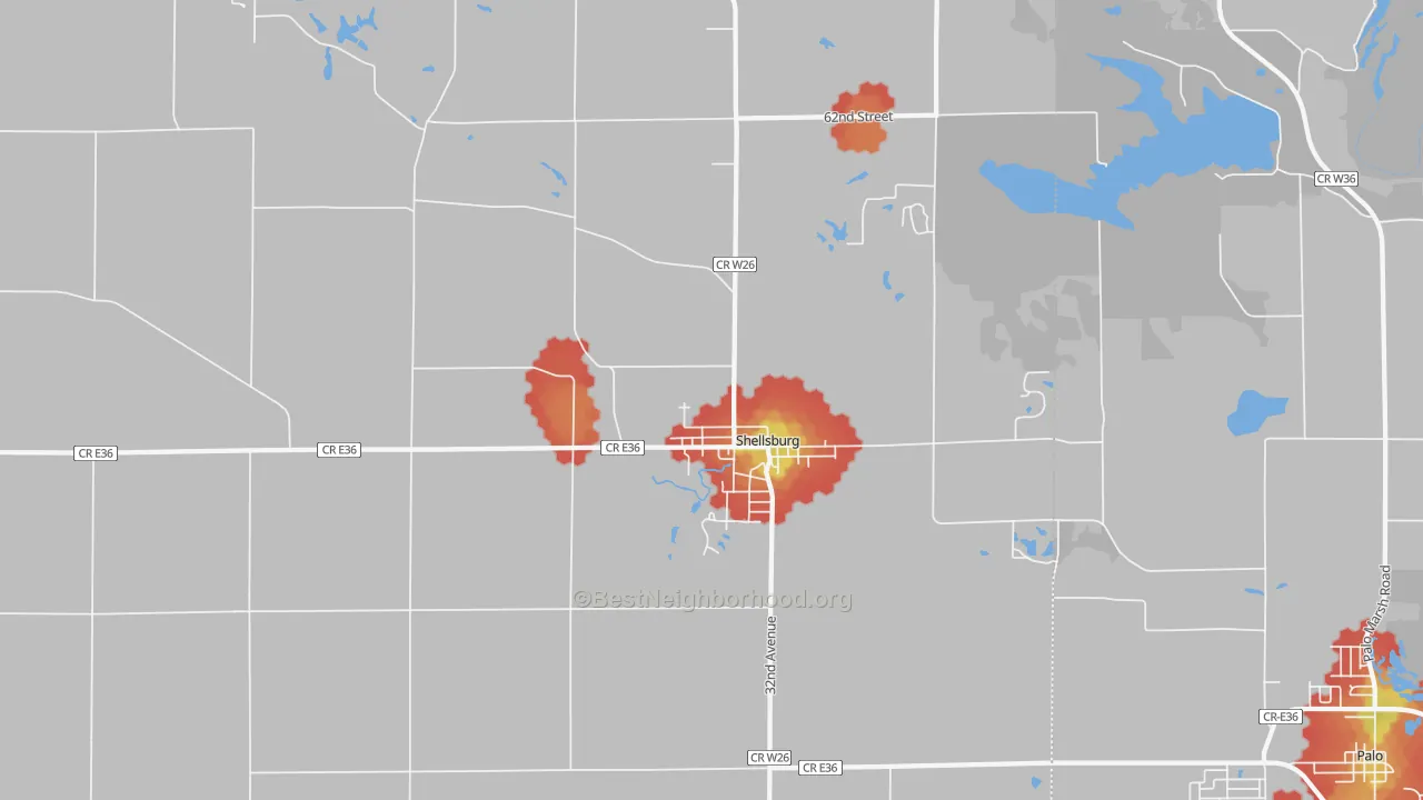 Walk Grade map of 52332, IA, walkable areas in green and car-dependent areas in red