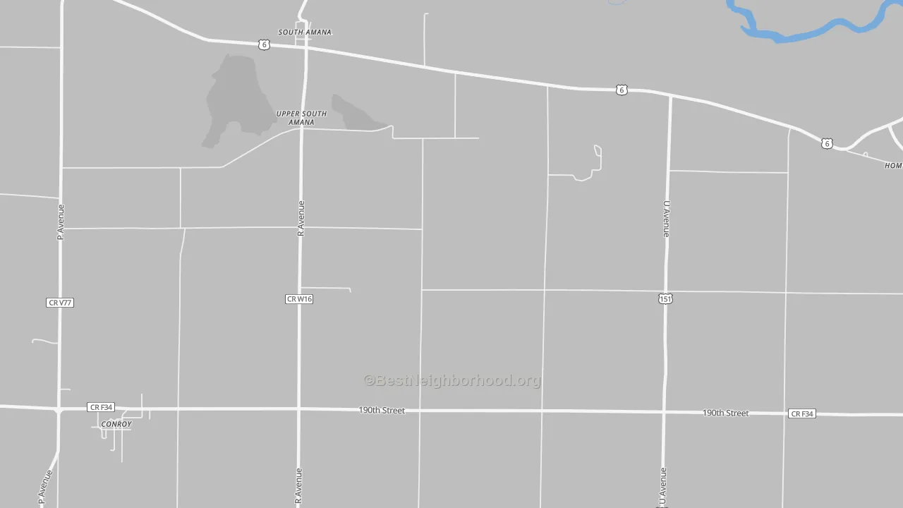 Walk Grade map of 52334, IA, walkable areas in green and car-dependent areas in red