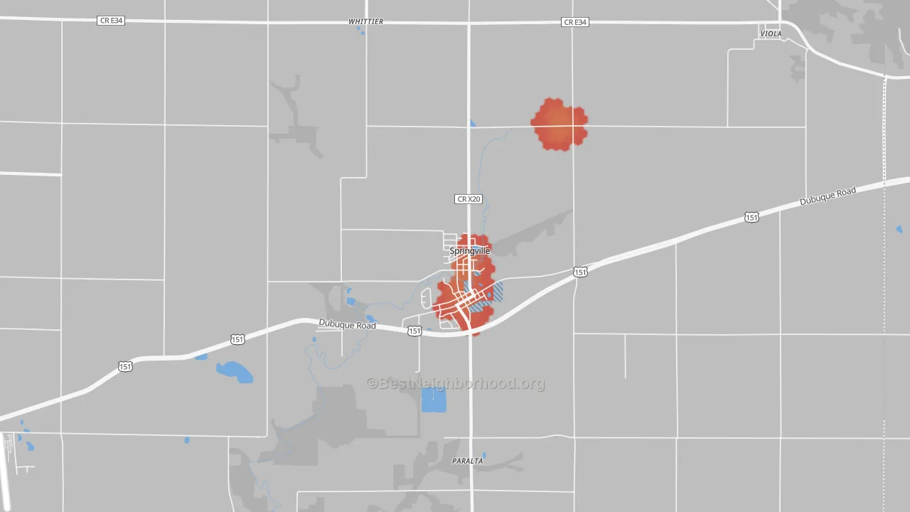 Walk Grade map of 52336, IA, walkable areas in green and car-dependent areas in red