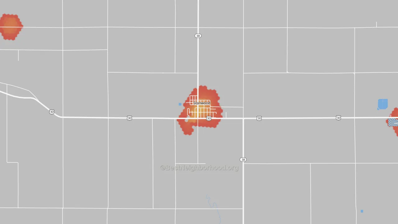 Walk Grade map of 52337, IA, walkable areas in green and car-dependent areas in red