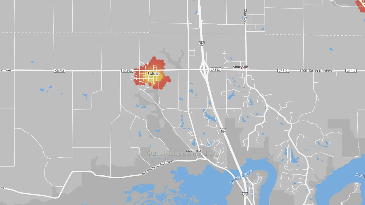 Walk Grade map of 52338, IA, walkable areas in green and car-dependent areas in red
