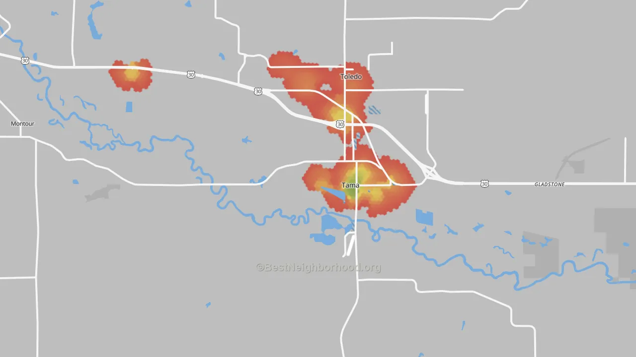 Walk Grade map of 52339, IA, walkable areas in green and car-dependent areas in red