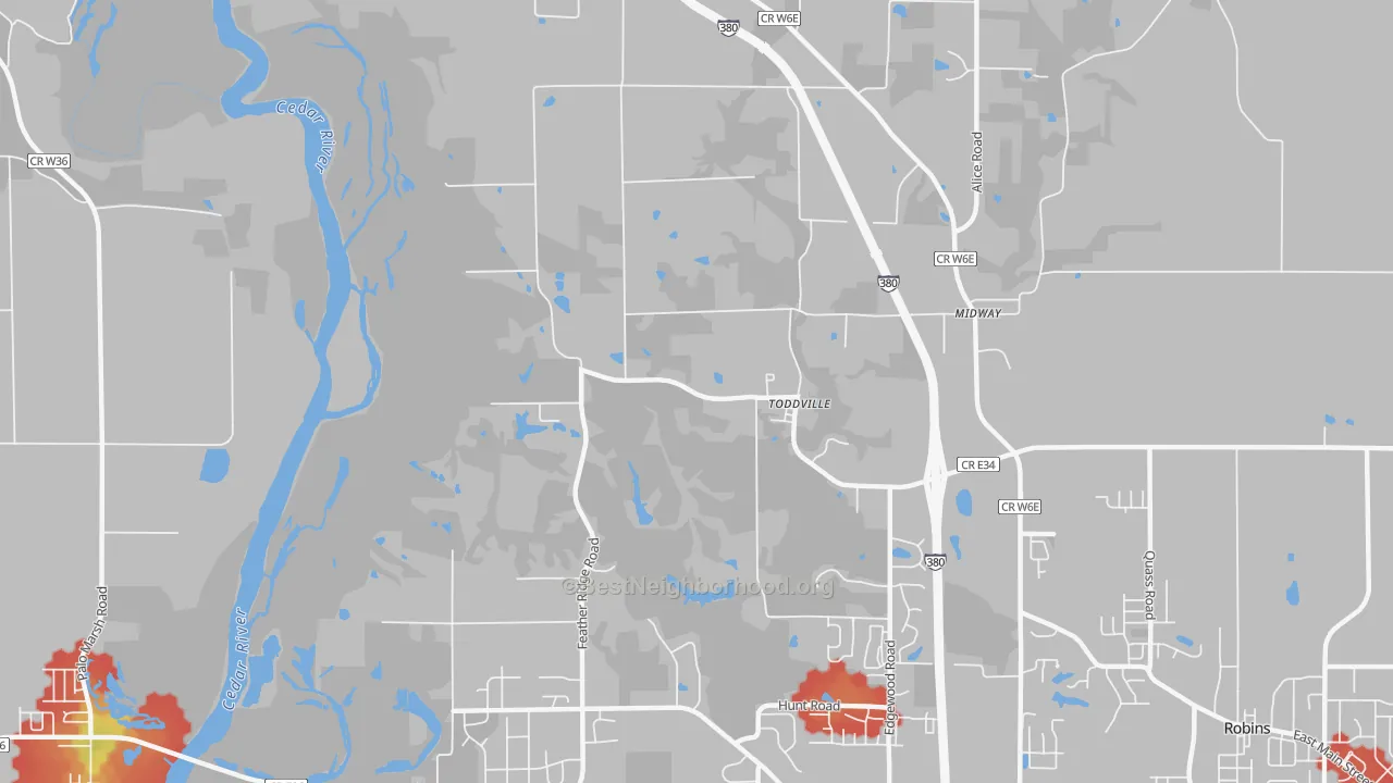 Walk Grade map of 52341, IA, walkable areas in green and car-dependent areas in red